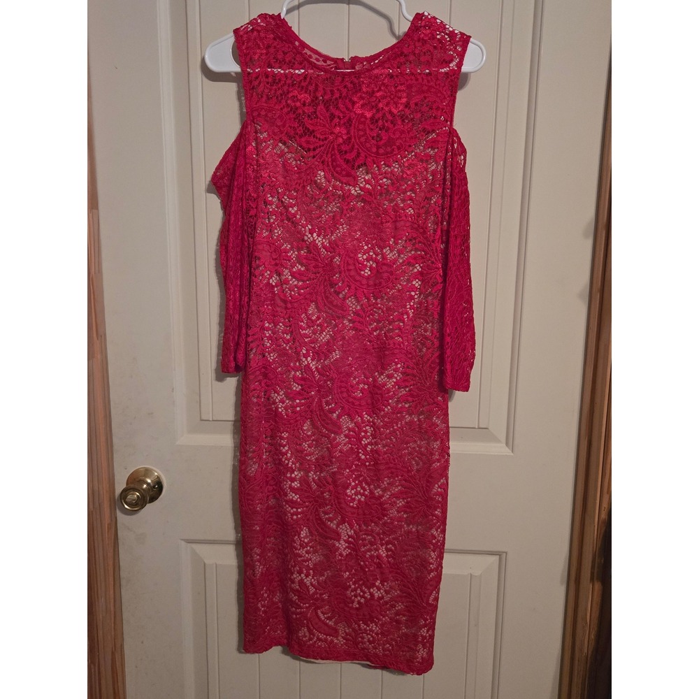 Bisou Bisou Red Floral Lace Cold Shoulder Midi Dress Wedding Guest Sz 10